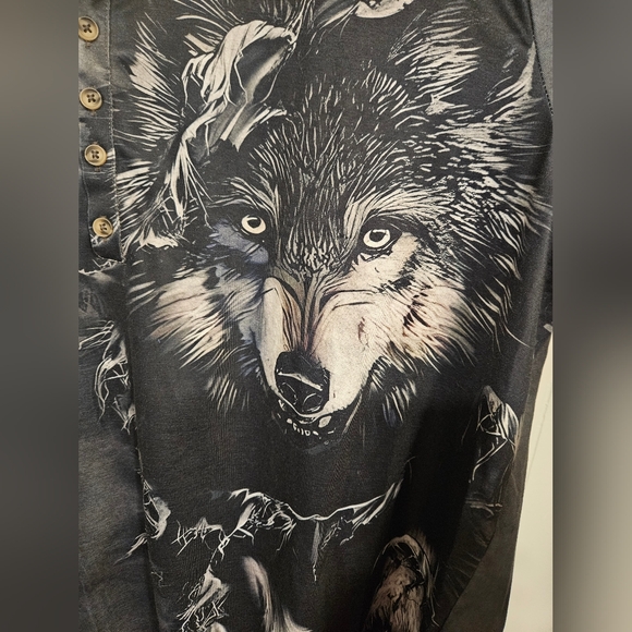 Ouku Wolf Tribal Print Gray Long Sleeve Henley TShirt Mens 3XL-NWT - Picture 2 of 5